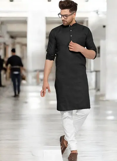 Reliable Blend Solid Knee Length Kurta For Men