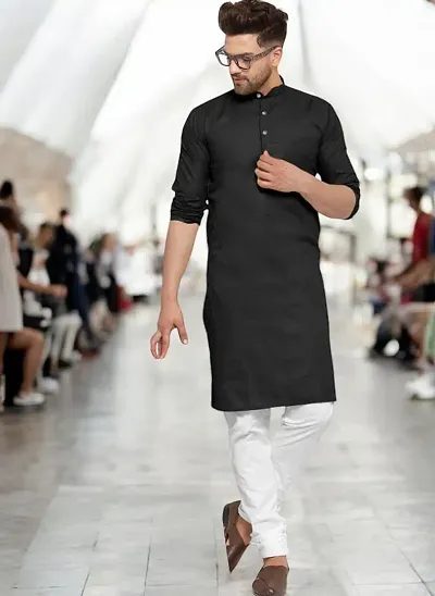 Reliable Blend Solid Knee Length Kurta For Men