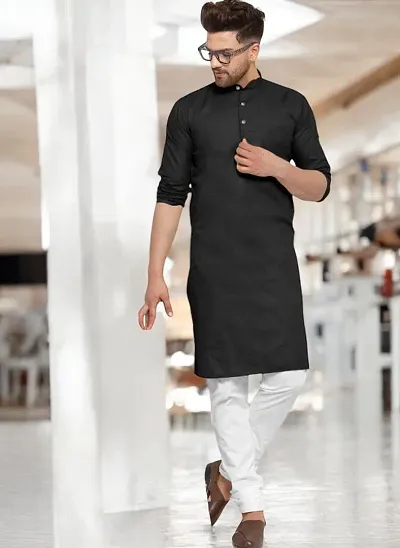 Reliable Blend Solid Knee Length Kurta For Men