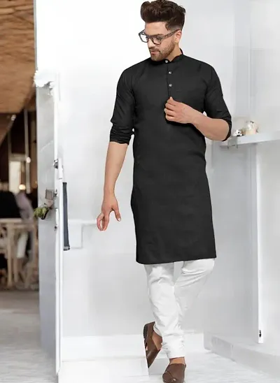 Reliable Blend Solid Knee Length Kurta For Men