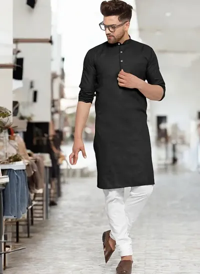 Reliable Blend Solid Knee Length Kurta For Men