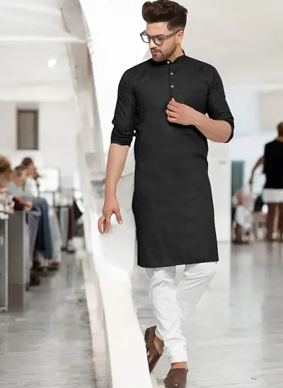 Reliable Blend Solid Knee Length Kurta For Men