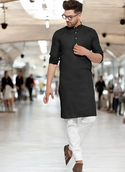 Reliable Blend Solid Knee Length Kurta For Men