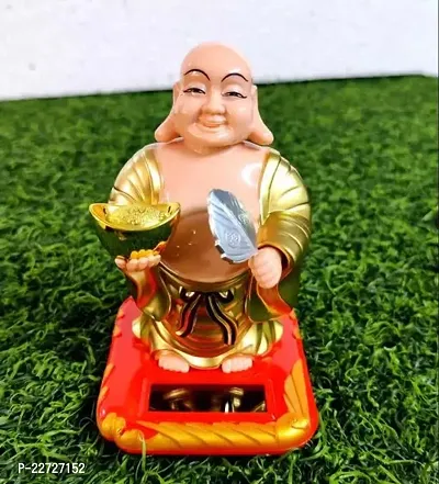 Solar Laughing Buddha With Head And Fan For Health Wealth And Prosperity Gift Decorative Showpiece - 10 Cm (Plastic, Multicolor)-thumb0