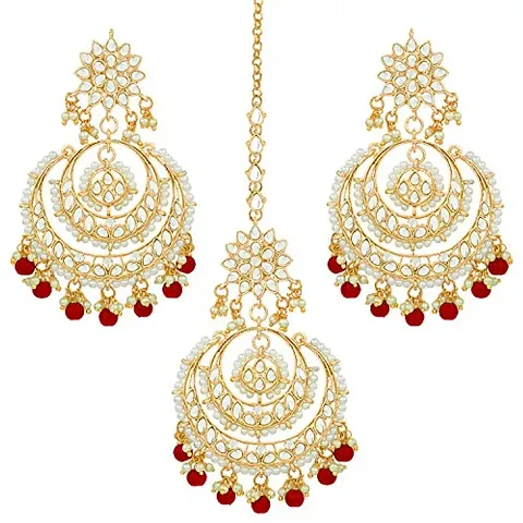 I Jewels Traditional Gold Plated Big Chandbali Kundan  Pearl Earring Set With Maang Tikka for Women