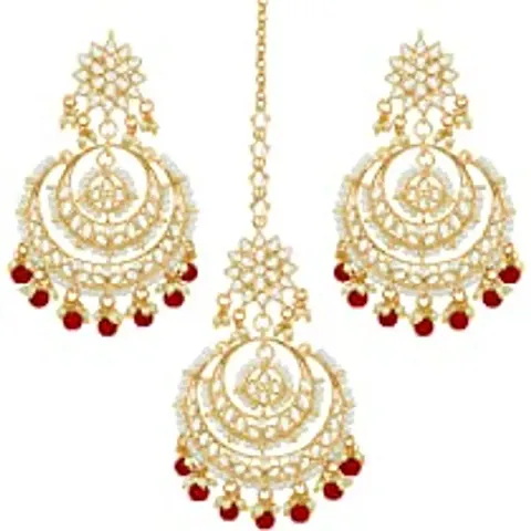 I Jewels Traditional Gold Plated Big Chandbali Kundan  Pearl Earring Set With Maang Tikka for Women