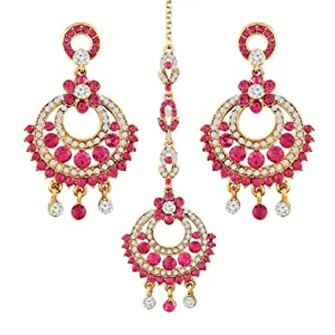 I Jewels Gold Plated Ethnic Chandbali Earrings with Maang Tikka Set for Women TE121Q (Pink)