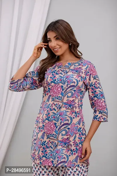 Elegant Pink Rayon Printed Top  Pyjama Set For Women-thumb2