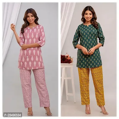 Elegant Green Rayon Printed Top  Pyjama Set For Women