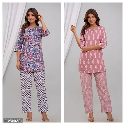 Elegant Pink Rayon Printed Top  Pyjama Set For Women