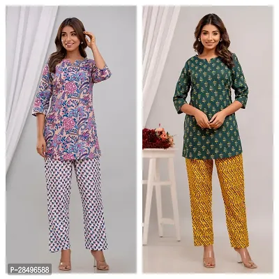 Elegant Green Rayon Printed Top  Pyjama Set For Women