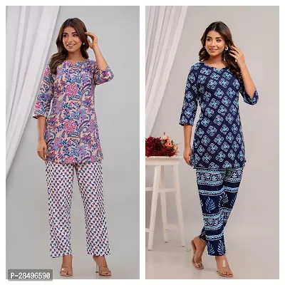 Elegant Blue Rayon Printed Top  Pyjama Set For Women