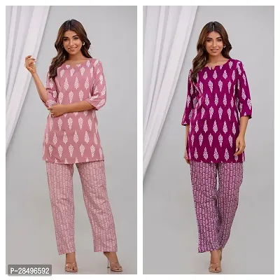 Elegant Pink Rayon Printed Top  Pyjama Set For Women-thumb0