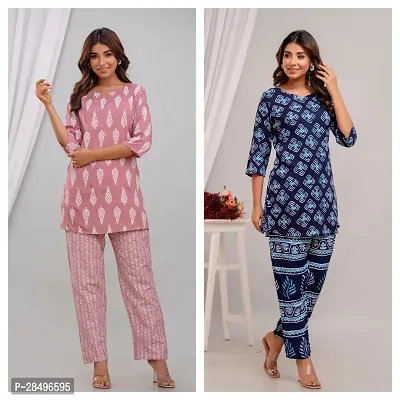 Elegant Blue Rayon Printed Top  Pyjama Set For Women