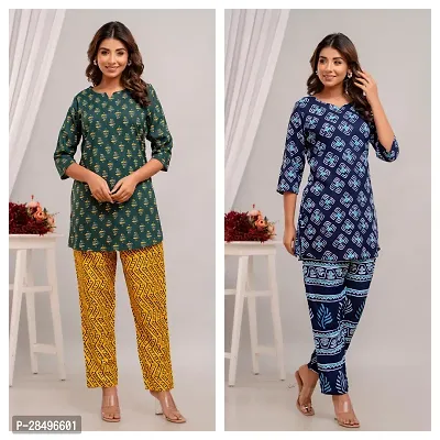 Elegant Green Rayon Printed Top  Pyjama Set For Women