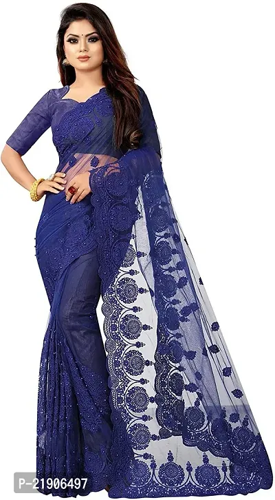 Beautiful Blue Net Embroidered Saree With Blouse Piece