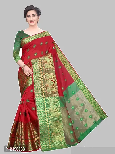 Beautiful Red Cotton Blend Woven Design Saree With Blouse Piece