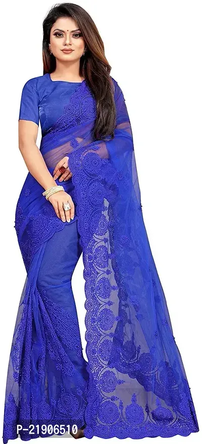 Beautiful Blue Net Embroidered Saree With Blouse Piece