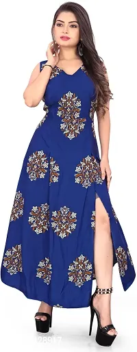 Stylish Blue Crepe Printed Fit And Flare Dress For Women