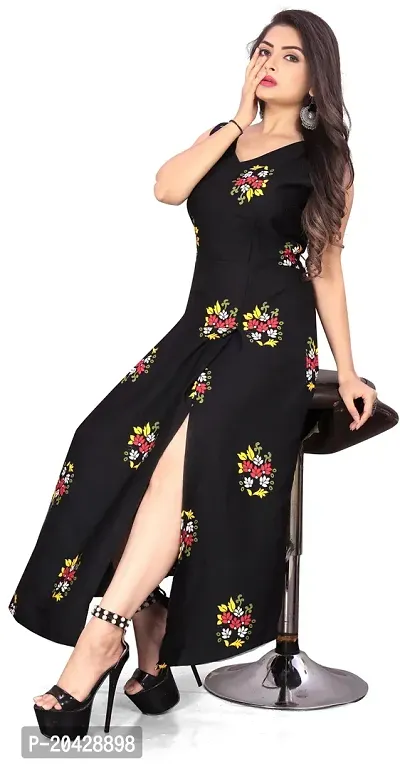 Stylish Black Crepe Printed Fit And Flare Dress For Women