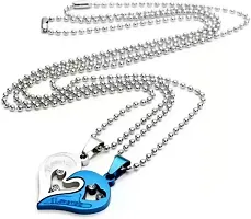 Aadishree Stainless Steel BLUE AD HEART LOCKET,Couple Duo Pendant Chain Necklace BFF Lovers (silver)-thumb1