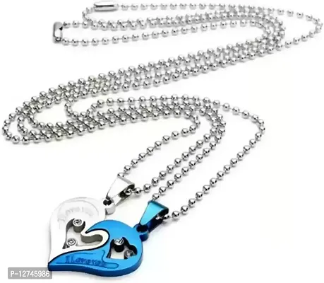 Aadishree Stainless Steel BLUE AD HEART LOCKET,Couple Duo Pendant Chain Necklace BFF Lovers (silver)-thumb2