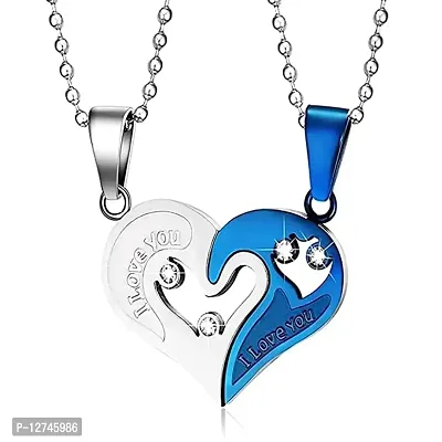 Aadishree Stainless Steel BLUE AD HEART LOCKET,Couple Duo Pendant Chain Necklace BFF Lovers (silver)