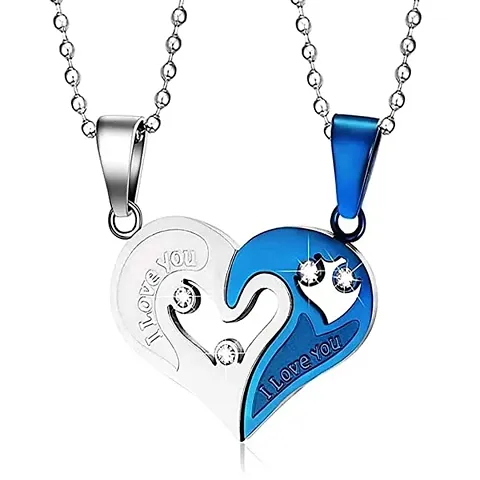 Valentine Special blue-Silver Broken Two Half Heart Shape Love Pendant Locket Necklace Chain Jewellery for Lovers/Couples Stainless Locket