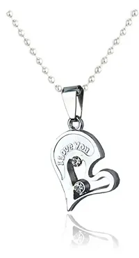 Aadishree Stainless Steel BLUE AD HEART LOCKET,Couple Duo Pendant Chain Necklace BFF Lovers (silver)-thumb2