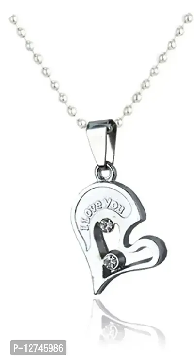 Aadishree Stainless Steel BLUE AD HEART LOCKET,Couple Duo Pendant Chain Necklace BFF Lovers (silver)-thumb3