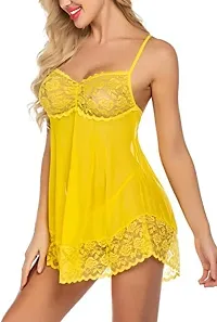 AmiLuv Women Polyester Blend Solid Above The Knee Babydoll Lingerie Nighty for Women Above Knee Baby Doll Night Dress Semi Transparent Yellow-thumb4