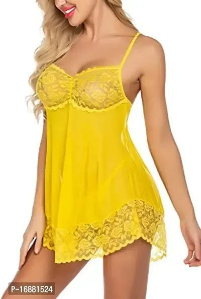 AmiLuv Women Polyester Blend Solid Above The Knee Babydoll Lingerie Nighty for Women Above Knee Baby Doll Night Dress Semi Transparent Yellow-thumb5