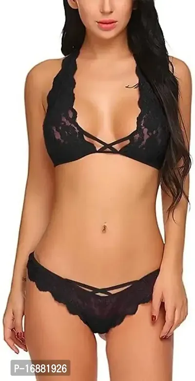 AmiLuv Women Cross Style Lace Bra Panty Lingerie Set. Nightwear Honeymoon Dress for Women Black-thumb0