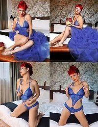 AmiLuv Ceniz Women Deep V Lingerie Lace Teddy One Piece Babydoll Mini Bodysuit (Free Size, Royal Blue)-thumb1