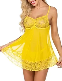 AmiLuv Women Polyester Blend Solid Above The Knee Babydoll Lingerie Nighty for Women Above Knee Baby Doll Night Dress Semi Transparent Yellow-thumb3