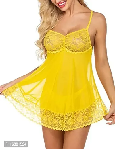 AmiLuv Women Polyester Blend Solid Above The Knee Babydoll Lingerie Nighty for Women Above Knee Baby Doll Night Dress Semi Transparent Yellow-thumb4