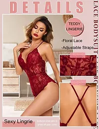 AmiLuv Women One Piece Lingerie Deep V Teddy Style Sexy Lace Bodysuit (Free Size, Maroon)-thumb2