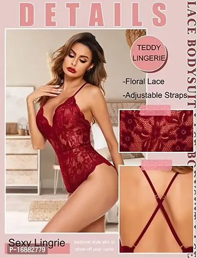 AmiLuv Women One Piece Lingerie Deep V Teddy Style Sexy Lace Bodysuit (Free Size, Maroon)-thumb3