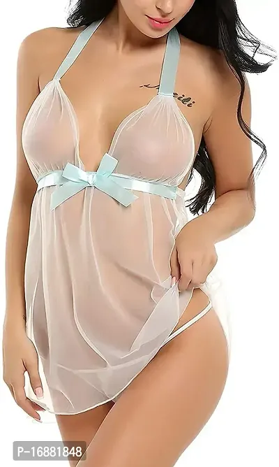 AmiLuv Women's Sexy Lingerie with G-String Panty 90% Net  10% Polyester Above Knee Babydoll for Honeymoon White-thumb2