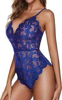 AmiLuv Women One Piece Lingerie Deep V Teddy Style Sexy Lace Bodysuit (Free Size, Royal Blue)-thumb4