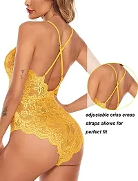 AmiLuv Women One Piece Lingerie Deep V Teddy Style Sexy Lace Bodysuit (Free Size, Yellow)-thumb3