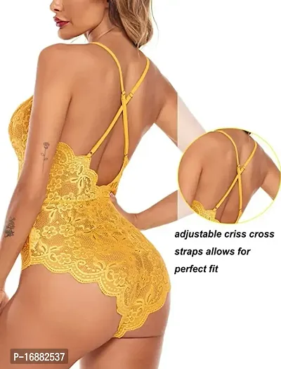 AmiLuv Women One Piece Lingerie Deep V Teddy Style Sexy Lace Bodysuit (Free Size, Yellow)-thumb4