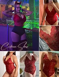 AmiLuv Women One Piece Lingerie Deep V Teddy Style Sexy Lace Bodysuit (Free Size, Maroon)-thumb1