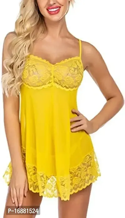 AmiLuv Women Polyester Blend Solid Above The Knee Babydoll Lingerie Nighty for Women Above Knee Baby Doll Night Dress Semi Transparent Yellow-thumb0