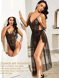 AmiLuv Lingerie for Women Babydoll Sexy Mesh Maxi Nightdress Strappy Exotic Sleepwear Side Slits Black-thumb1