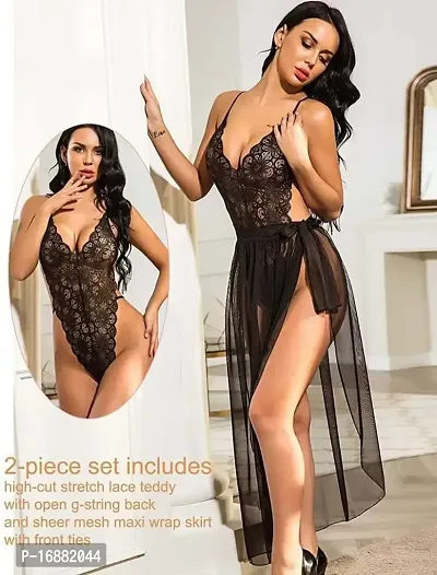 AmiLuv Lingerie for Women Babydoll Sexy Mesh Maxi Nightdress Strappy Exotic Sleepwear Side Slits Black-thumb2