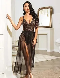 AmiLuv Lingerie for Women Babydoll Sexy Mesh Maxi Nightdress Strappy Exotic Sleepwear Side Slits Black-thumb2