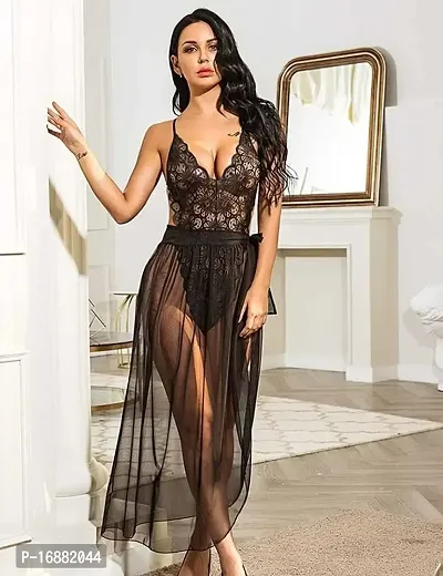 AmiLuv Lingerie for Women Babydoll Sexy Mesh Maxi Nightdress Strappy Exotic Sleepwear Side Slits Black-thumb3