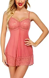 AmiLuv Women Polyester Blend Solid Above The Knee Babydoll Lingerie Nighty for Women Above Knee Baby Doll Night Dress Semi Transparent-thumb1