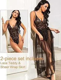 AmiLuv Lingerie for Women Babydoll Sexy Mesh Maxi Nightdress Strappy Exotic Sleepwear Side Slits Black-thumb3